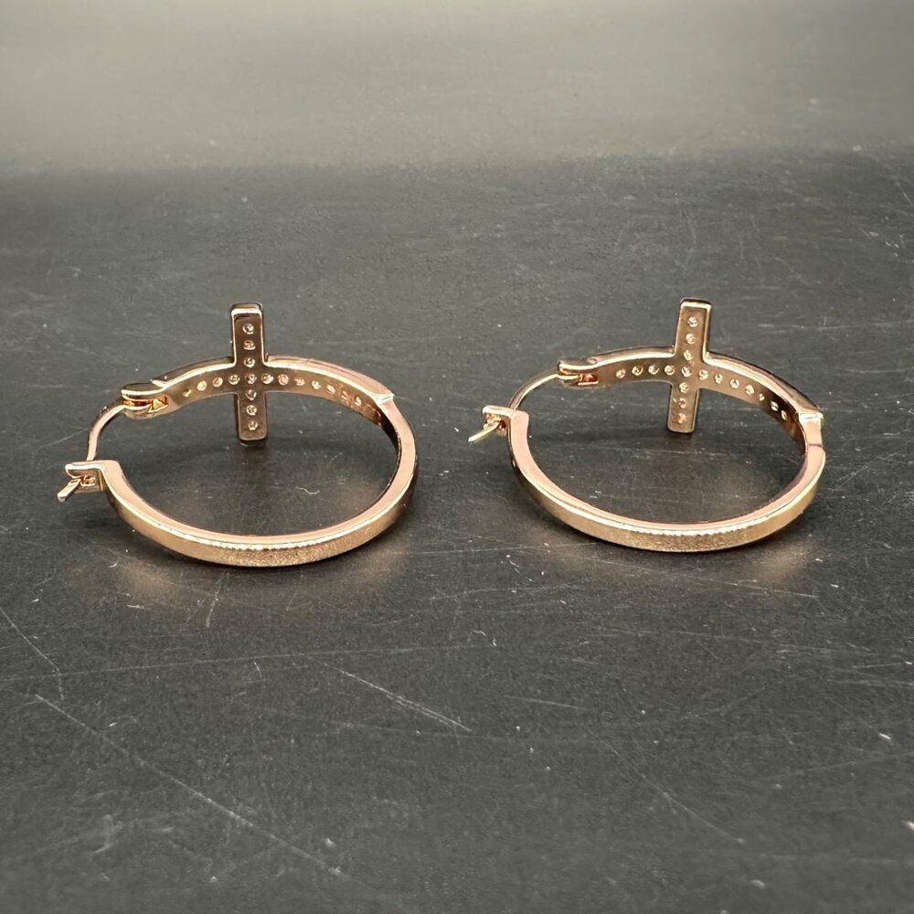 Cross Hoop Earrings Rose Gold Color Rhinestone Bling Jewelry Religious - Picture 4 of 7